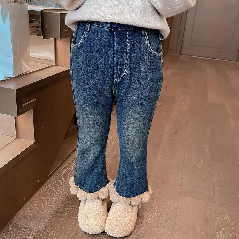 Girl Winter Jeans Autumn Thicken Bell-Bottoms Pants Homewear Child Keep Warm Versatile Fashion Kawaii New Style Casual Clothing