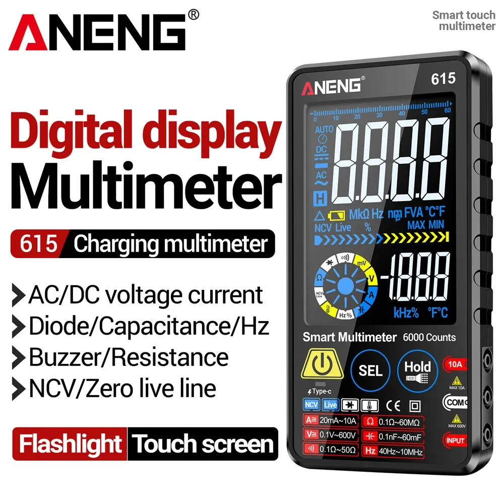 

ANENG 615 Multimeter 6000 Count Digital Smart Touch Screen AC/DC Current Voltage NCV Diode Lithium Battery Charging Tester Tools