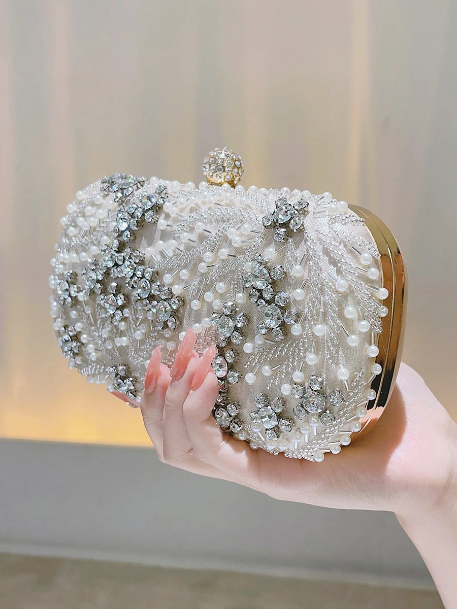 Faux Pearl & Diamond Kiss Lock Clutch Bag, Party Bag, Metal Chain Cocktail Handbag