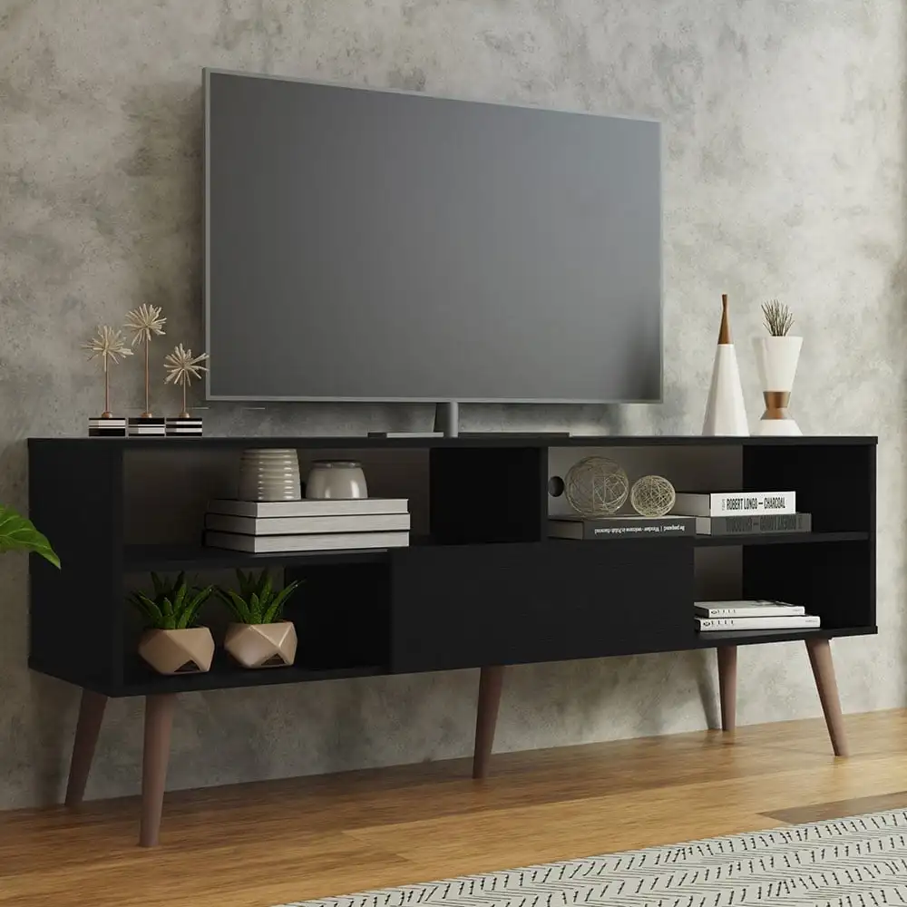 Modern TV Stand with 1 Door and 4 Shelves with Cable MANAGEMENT for 55/65 Inch Media Storage Media Console Living Room