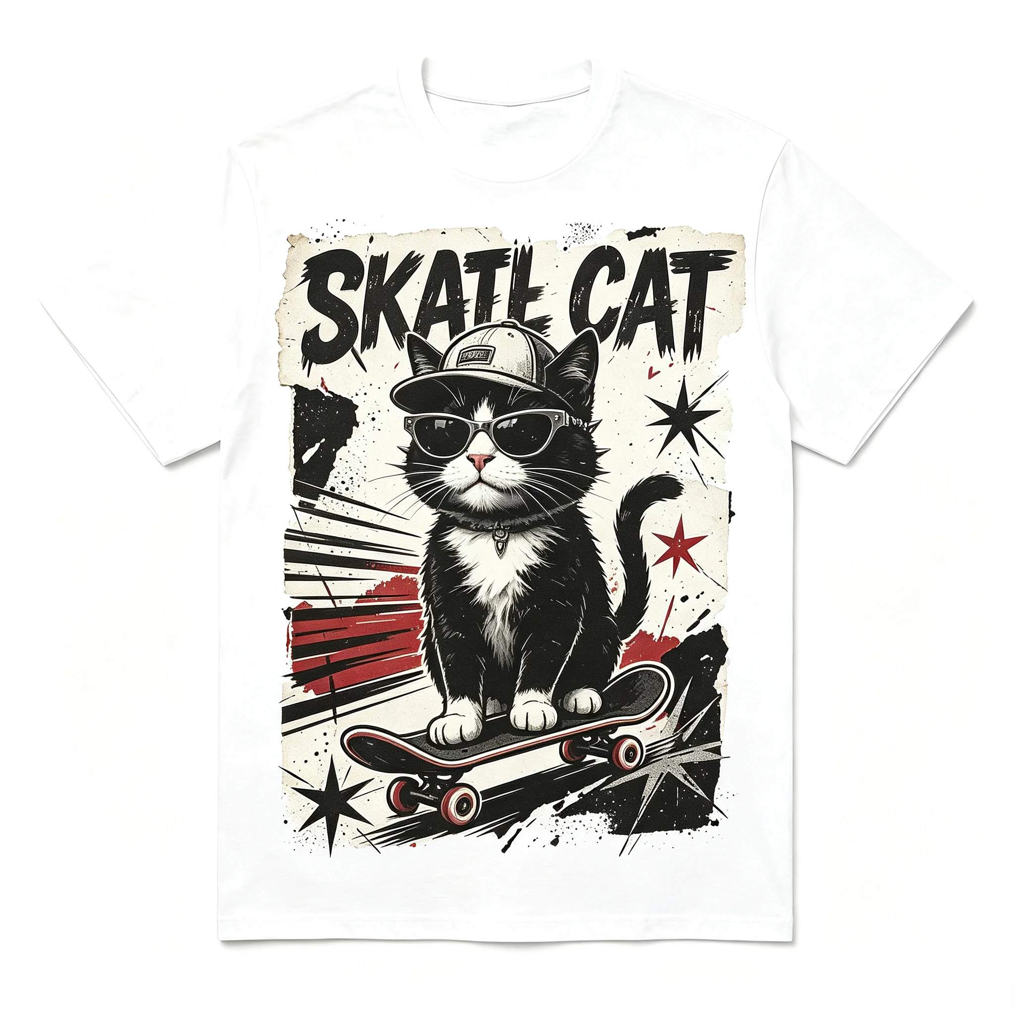 Unisex Men Women Oversized T‑Shirt Skate Cat Retro Punk Poster Print Cool Cat On Skateboard Hip‑hop Cap Street Art Tees Casual Loose Short‑Sleeve Streetwear Cotton Tshirt