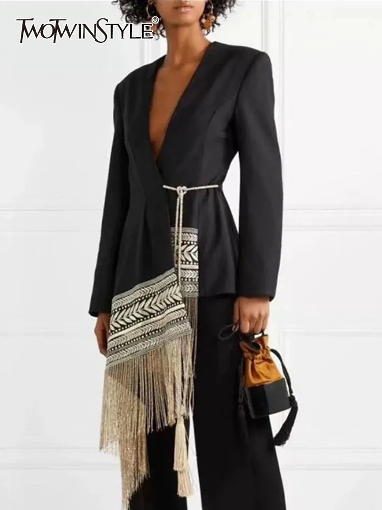 TWOTWINSTYLE Colorblock Irregular Blazers For Women V Neck Long Sleeve Patchwork Tassel Elegant Chic Blazer Female Fashion New