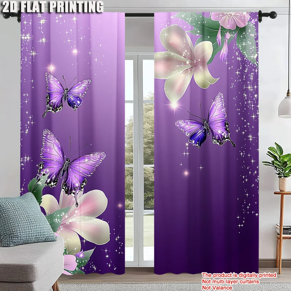 

2Pcs Rod Pocket Curtain Vibrant Dancing Butterflies And Flowers Digital Printed Window Curtain For Living Room Bedroom And Home