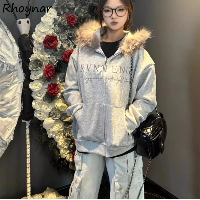 With Hat Hoodies Women American Retro Zippers Fluffy Design Baggy Cozy All-match Casual Streetwear Attractive College Autumn Ins