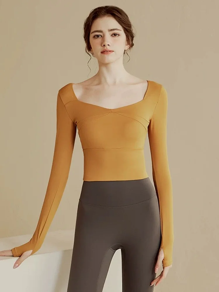 

Women's Yoga Fitn Sports Long Sve T-irt with Chest Pad Tightening Qui Dry Autumn Winter New Sle Pilates Top