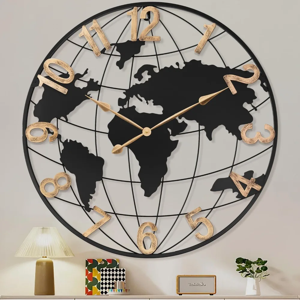 

36 Inch Oversized Black Metal Wall Clock, Modern Decor Silent World Map Wall Clock with Vintage Gold Arabic Numerals