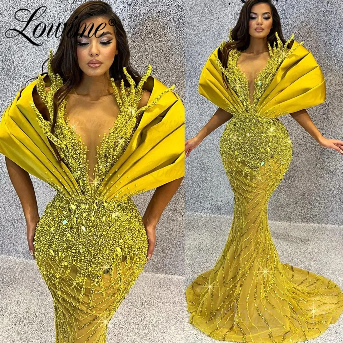 Gold Crystals Beaded Evening Dress Arabic Mermaid Party Gowns Kaftan Abaya Saudi Arabia Prom Dresses Robe De Soirée Plus Size