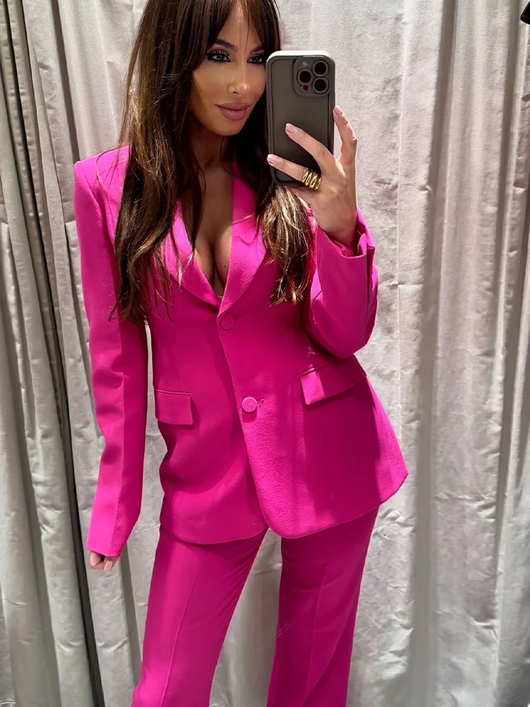 

TRAFZA Spring Women Casual Solid Suit Turn-Down Collar Blazer Long Sleeve Single-Breasted Top+Midi Waist Zipper Flared Pants Set