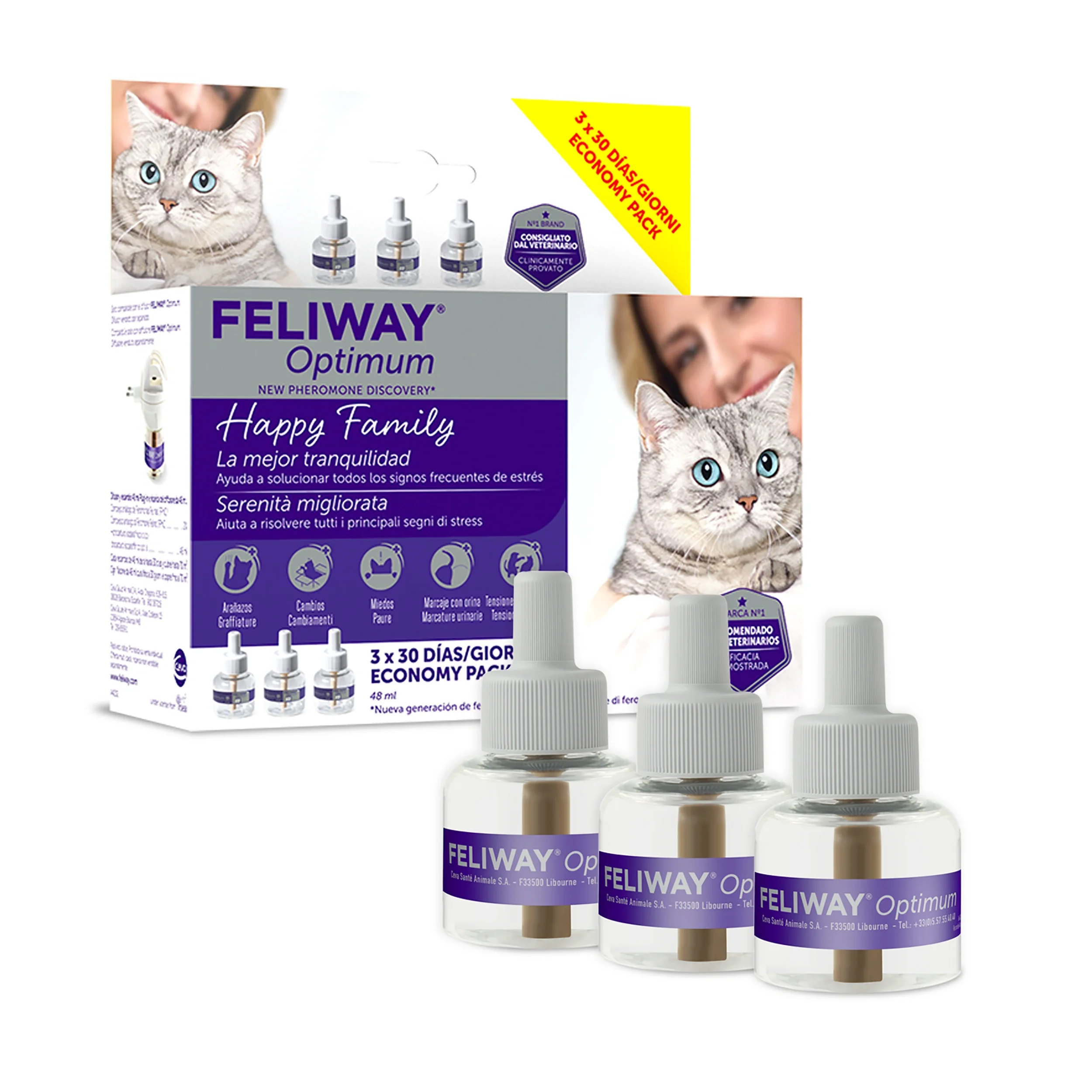 Feliway Optimum 3 Pack Recambios (Gatos , Adiestramiento y Educación , Comportamiento) - 3x48 ml