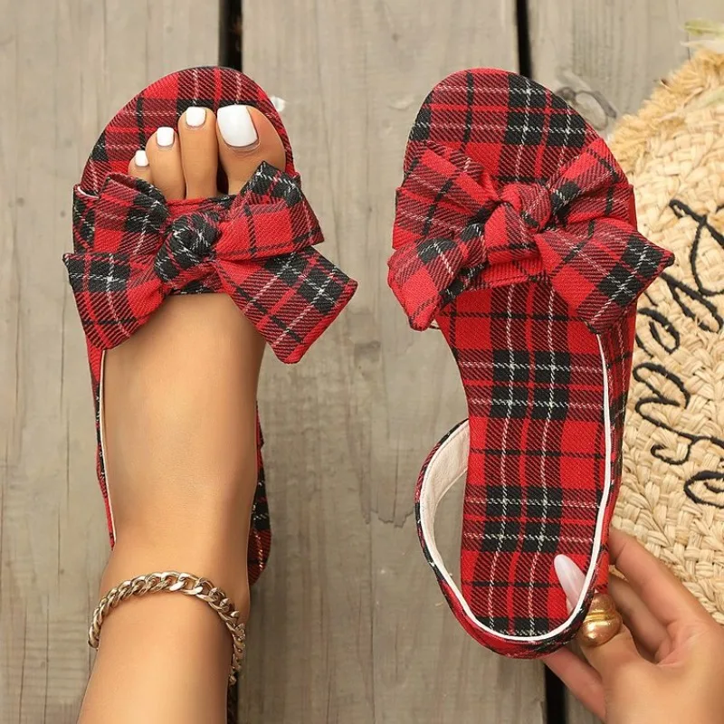 

Women's Bow Summer Open Toe Flat Slide Sandals Casual Comfortable Home Outdoor Beach Shoes Ladies Fashion Red Plaid Footwear