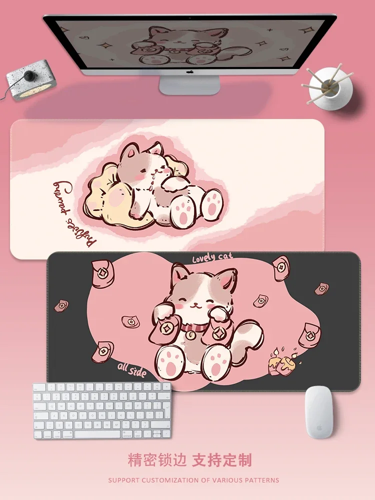 

Cute kitten mouse pad oversized pink Hakimi computer keyboard office study desk wrist guard pad