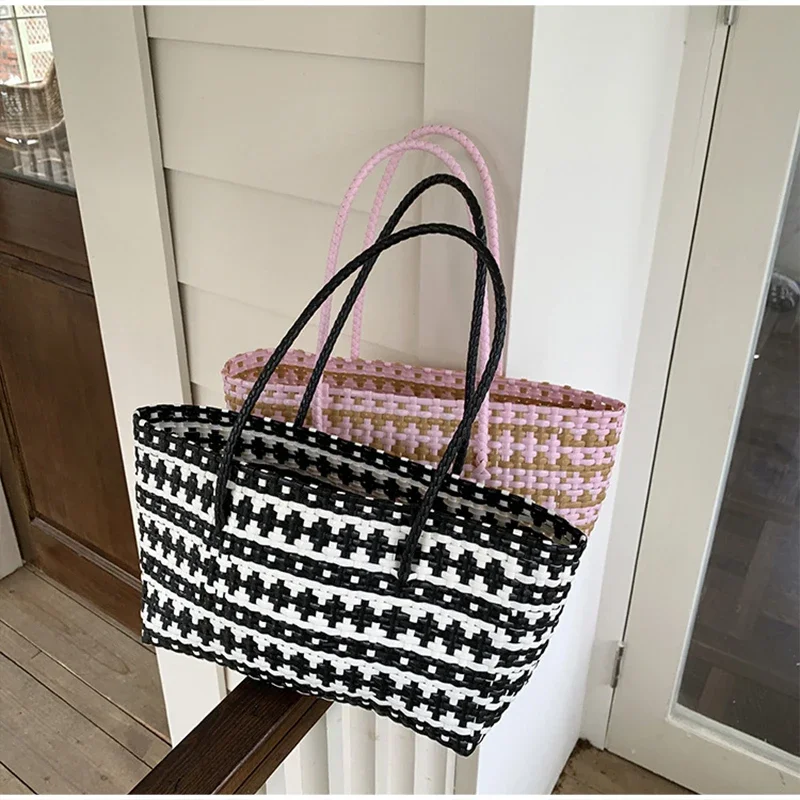 Handgefertigte Colorblock-Webtasche, Damen-Sommer-Tragetasche, Sommer-Einkaufstasche für Strandurlaub, Picknick, Haustiertransport – Detail 25