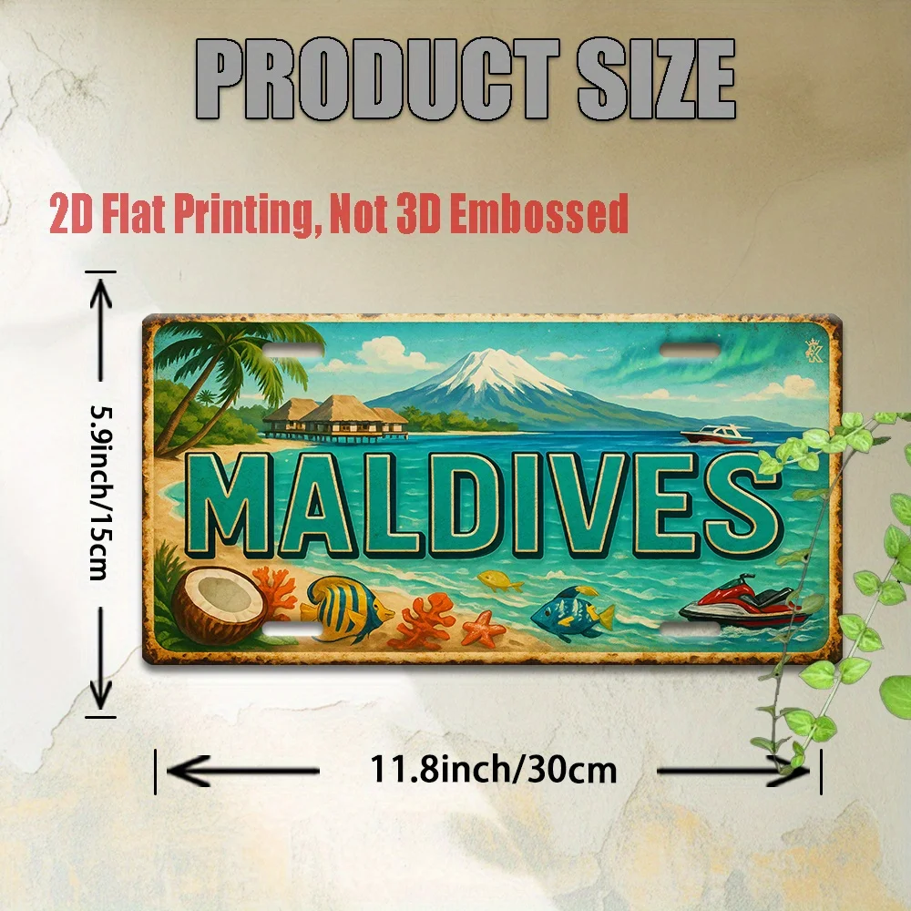 2D Flat, 1pc Maldives Tropical Island Metal Wall Art Sign - 30.48X15.24Cm Vintage Decorative Plaque with Vibrant Beach