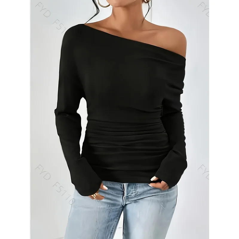Women'S Elegant Asymmetrical Off-Shoulder Ruched Long Sleeve T-Shirt - Drop Shoulder Slim Fit T-Shirt,Medium Stretch,Solid Color