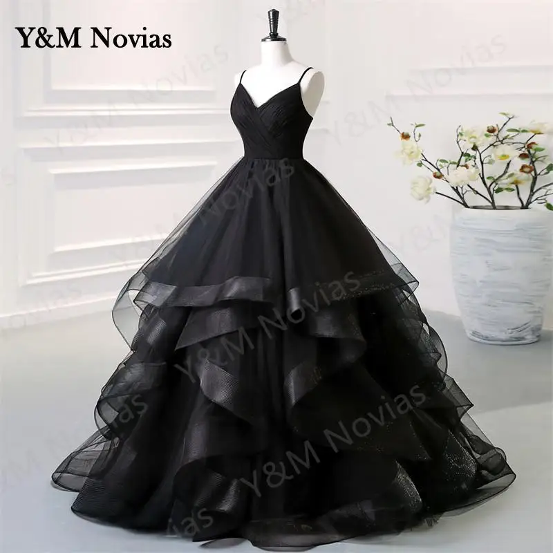 Y&M Customized Black Quinceanera Dress Ruffles Sweetheart Spaghetti Straps Sweet 15 Girls Princess Dress Vestidos De Quinseanera