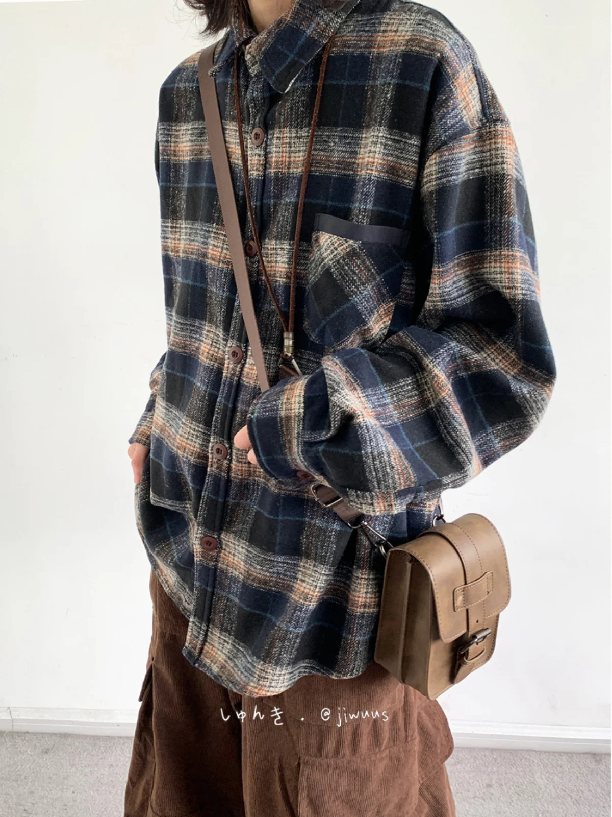 Retro Japanese Sle Woolen Plaid irt Men Women Loose Fit Long Sve Autumn Winter Warm Casual Faion College Sle Che...