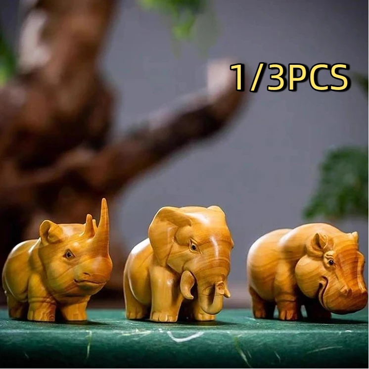 1/3 pçs manual escultura em madeira produto de madeira rinoceronte hipopótamo elefante sala decoração para casa ornamentos carro decoração esculturas & estatuetas