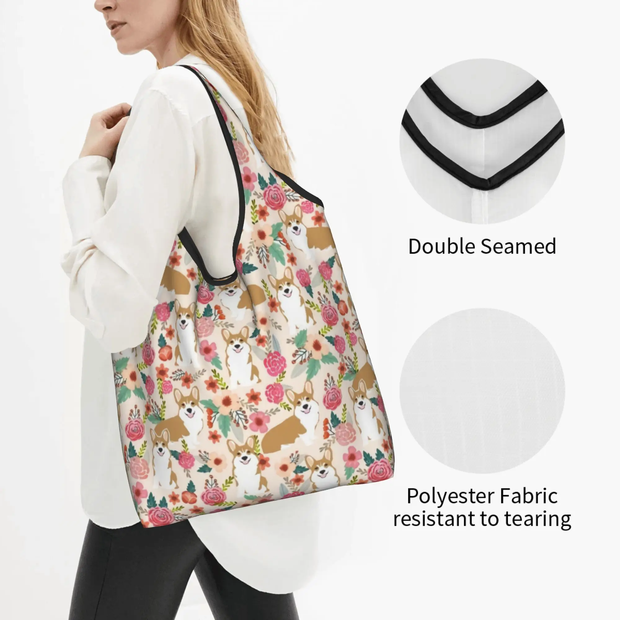 Custom Corgi Floral Flowers  Shopping Bags Women Portable Large Capacity Grocery Welsh Corgis Dog  Shopper Tote Bags