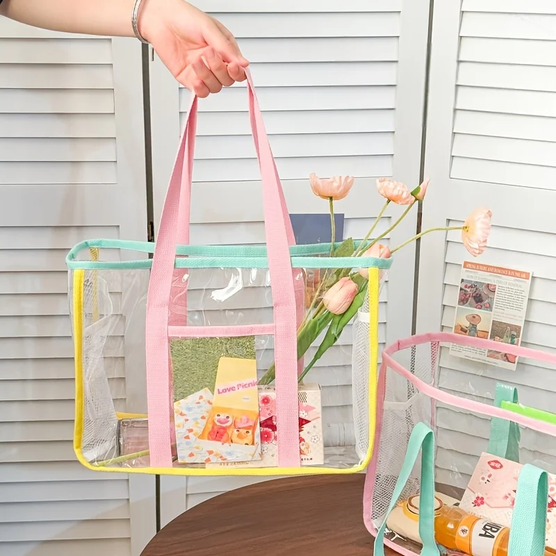Sac de plage transparent en PVC style Ins, grande capacité, imperméable, sac à main de voyage décontracté et mignon pour femme