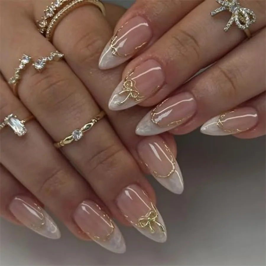 

24pcs White French Tip Press on Nails Medium Almond Fake Nails with 3D Bow Acrylic Nails Design Gold Line Stick on Nails French