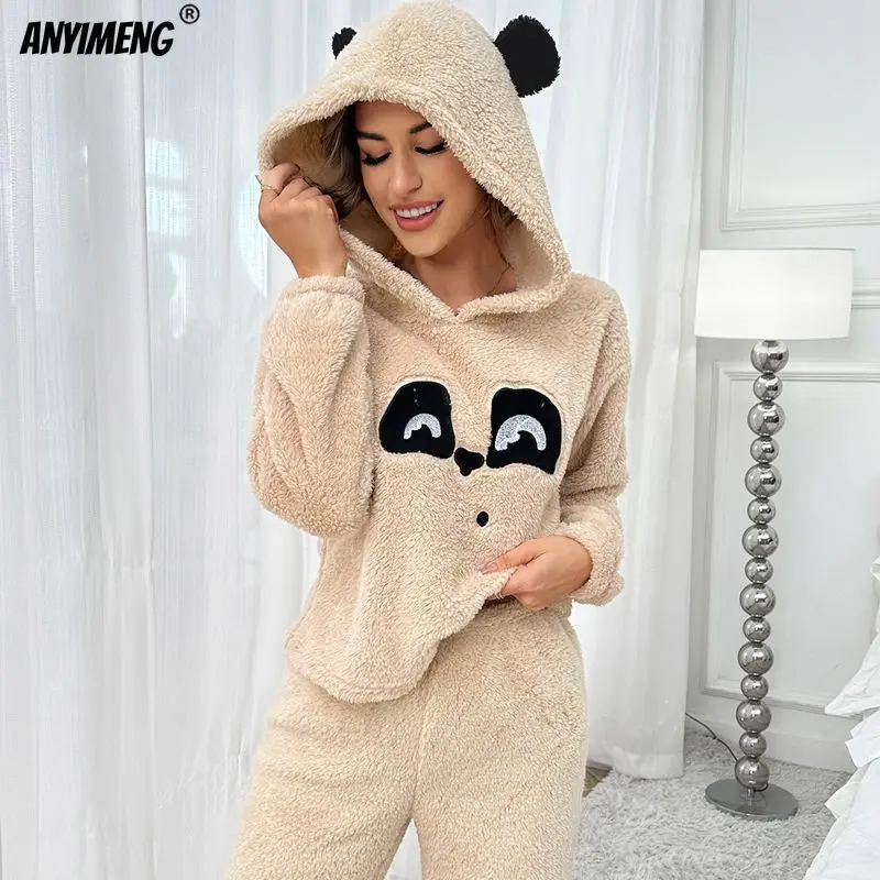 Cute Panda Woman Hoodies Thermal Pajamas Set Winter Thick Sleepwear Leisure Hoody Pijamas Casual Girls Fluffy Teddy Homesuits