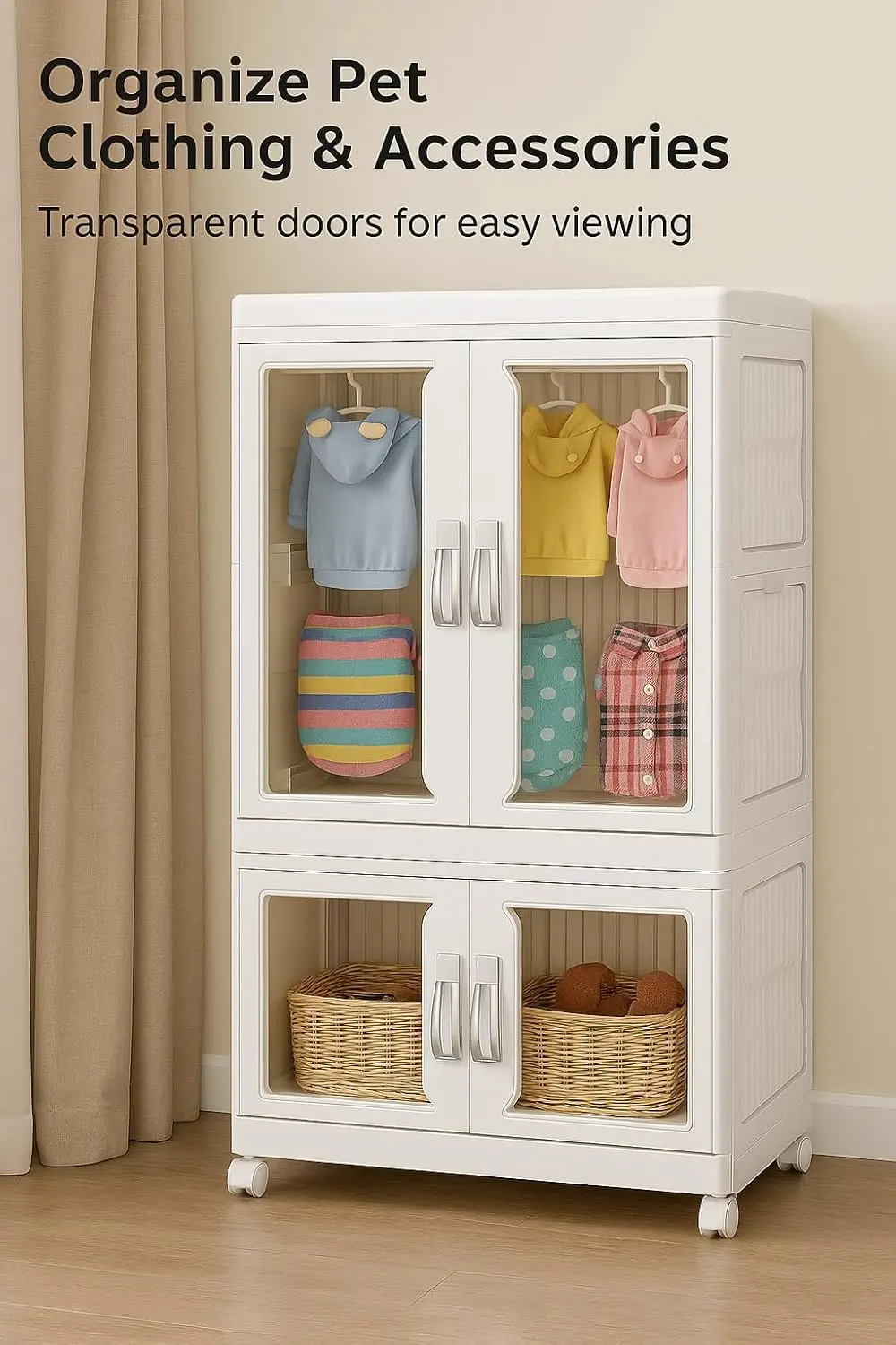 Pet Clothing Storage Cabinet with Hanging Rod Foldable Plastic Storage Bin 2-Tier Dog Clothes Organizer for Small Pets Lightw - view 3