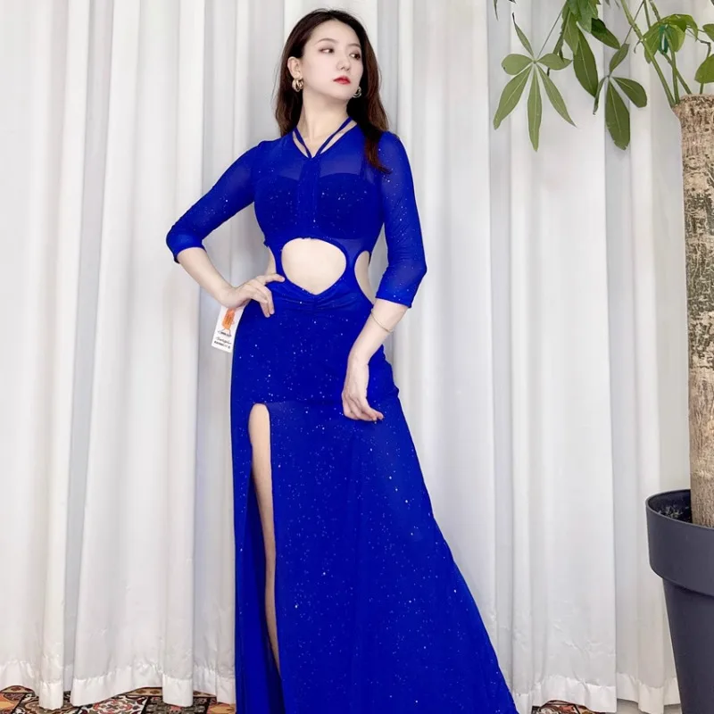 Aangepaste Swega buikdans rok oefenoutfit met zilveren mesh en uitgeholde mouwen oostelijk danskostuum buikdansen