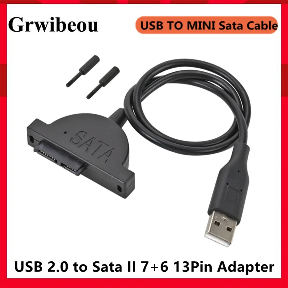 GRWIBEOU USB 2.0 to Mini Sata II 7+6 13Pin Adapter for Laptop CD/DVD ROM Slimline Drive Converter Cable SATA USB Optical Cable