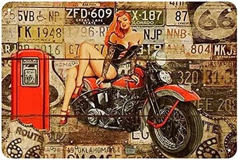 Many Car Auto License Plate Splice Collect Motorcycle Route 66 Pinup Girl Retro Vintage Metal Tin Sign Art Plaque Wall Poster,