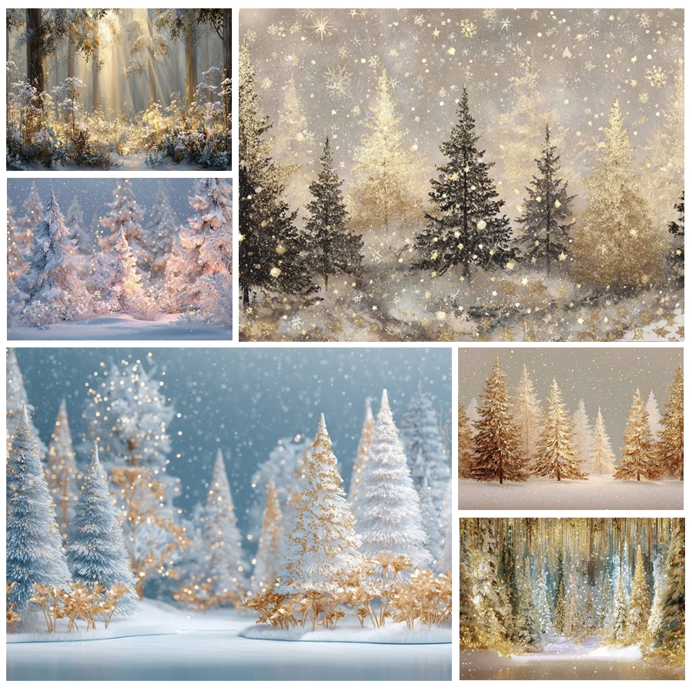 

MOON.QG Shimmer Glitter Xmas Trees Photo Background Christmas Golden Pine Forest Backdrop Photography Shooting Props Photo Booth