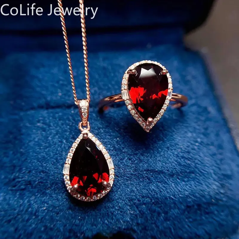 

VVS Grade Natural Garnet Necklace and Ring Total 5ct 8mm*12mm Pear Cut Garnet 925 Silver Jewelry Set for Party