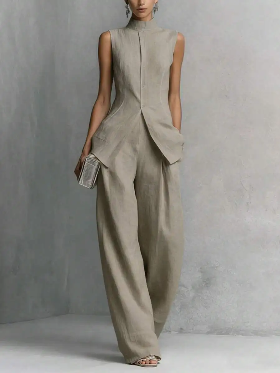 Women Linen Two Piece Set Stand Collar Sleeveless Blouse Paired With High Waist Wide Leg Pants