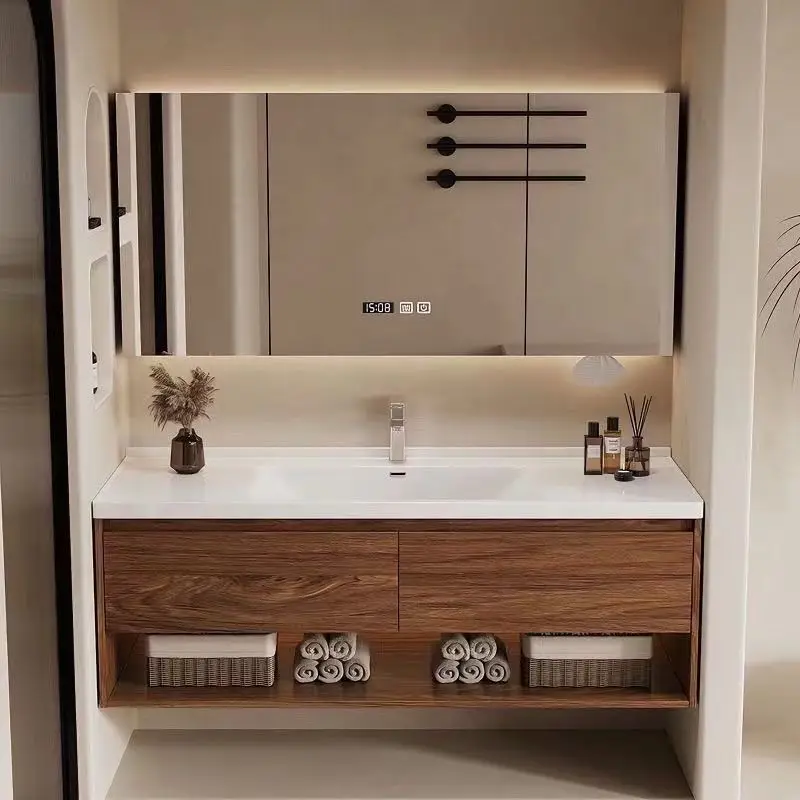 Ceramic basin, solid wood, mult layer, no door panel, wall mounted, simple, bathroom