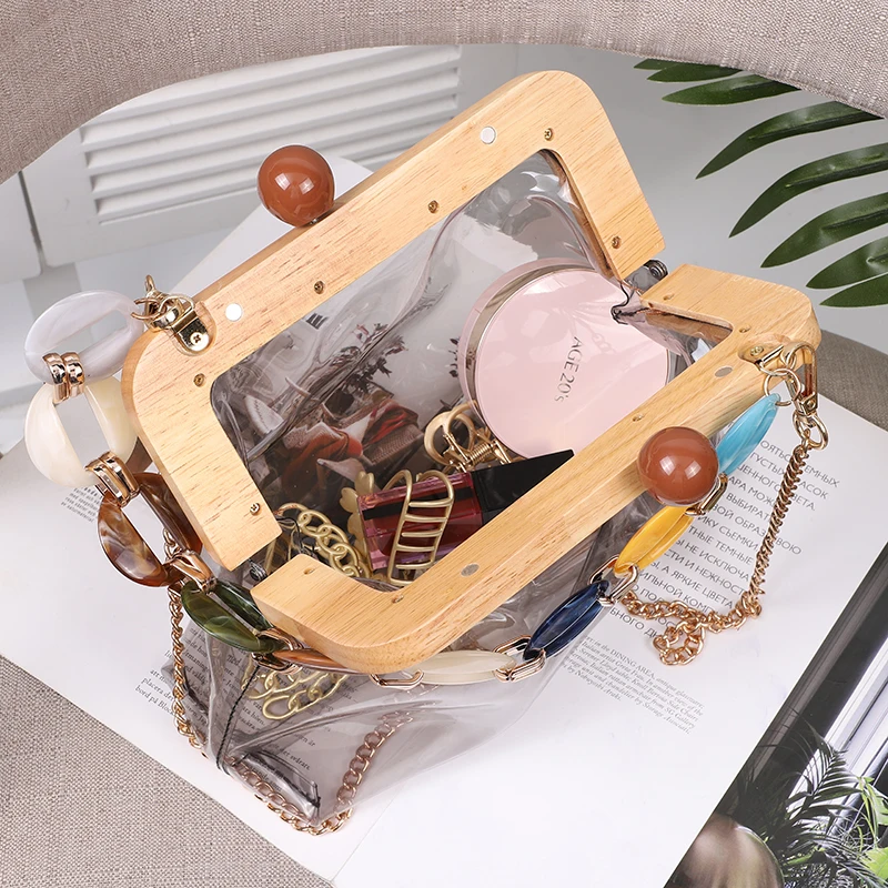 Transparent Women\'s Shoulder Bag Wooden Clip Handbag Designer Chain Crossbody Bags Summer Beach Clutch Female Purse Evening Bag