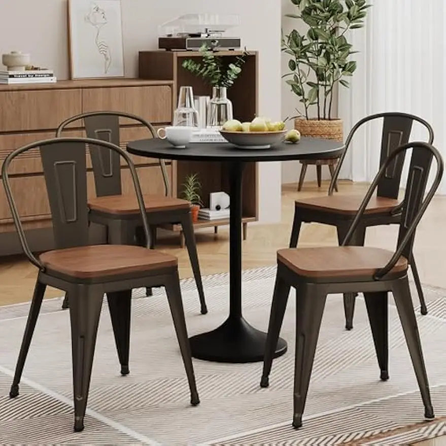 18inch Metal Dining Chair Set of 4 High Back Classic Chic Iron Farmhouse Chairs Industrial Stackable Coffee Stools Bistro Cafe Side Barstools Wood Seat-Rusty