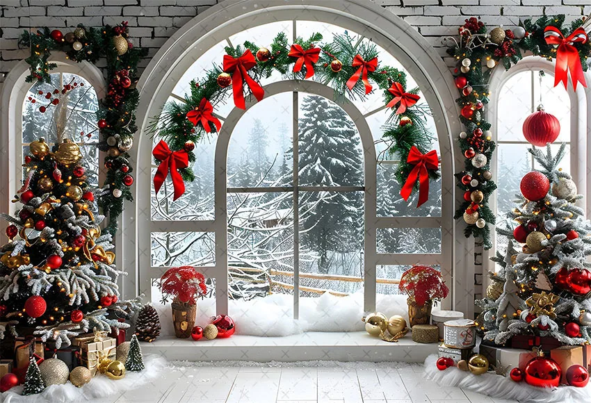 Mehofond التصوير خلفية الشتاء عيد الميلاد نافذة الغابات شجرة عيد الميلاد هدايا الاطفال الأسرة صورة ديكور خلفية استوديو الصور