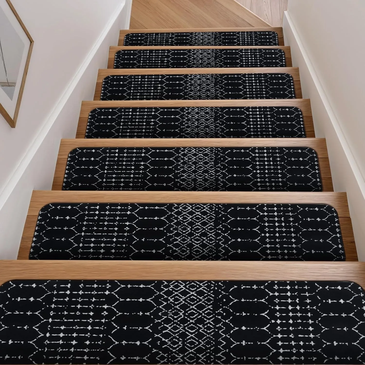 

Modern Minimalist Solid Wood Stair Carpet, Black Step Mat with Ethnic Geometric Patterns, Non - slip Decor Rug for Home