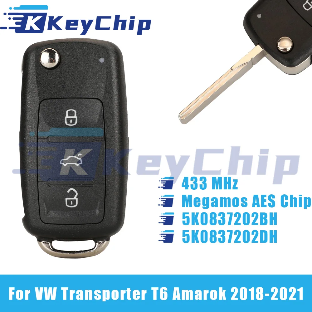 KeyChip Pro For VW Transporter T6 Amarok 2018-2021 3 Buttons Flip Remote Key 433 MHz Megamos AES Chip 5K0837202BH 5K0837202DH