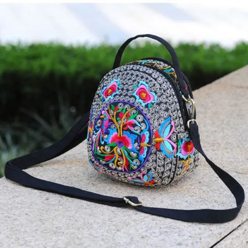 Trendy Casual Canvas Handbags Ethnic Style Embroidery  Crossbody Bag Zipper Double Sided Floral Women Shoulder Bag