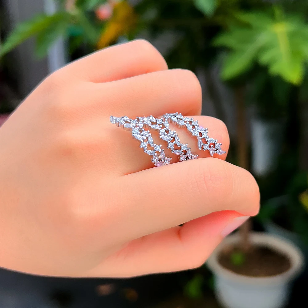 CWWZircons Adjustable Multiple Cubic Zirconia Leaf Shape Big Long Wrap Finger Ring for Women Luxury Wedding Jewelry Gifts J0195