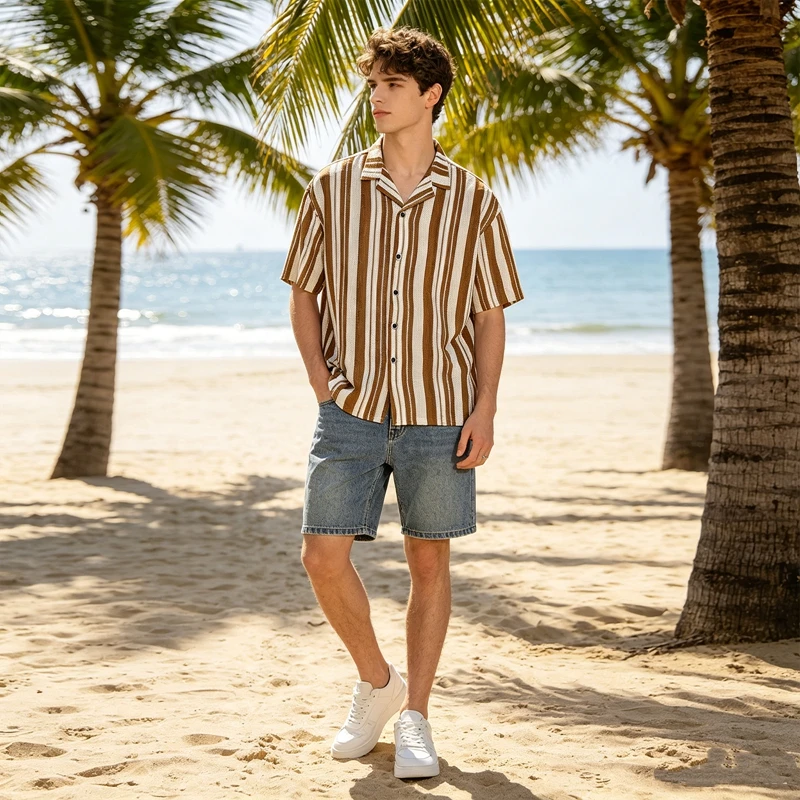 Retro Blau-Weiß Gestreifte Netzstrick-Hemden für Herren Ausgehöhlte Kurzarm-Strickjacke Sommer Hawaiianische Strandhemden Lässige Übergrößen-Hemden – Detail 6