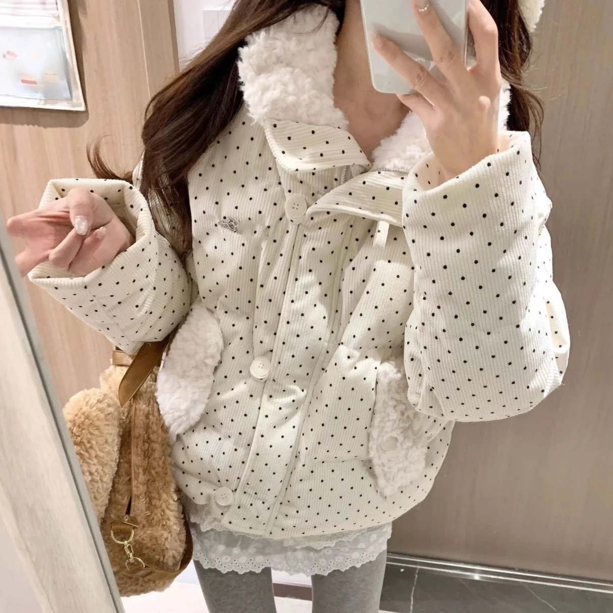 Polka Dot Parka Coat Women Short Jacket Button Zipper Pocket Stand Collar Long Sleeve Thick Loose Office Lady Casual 2026 Winter