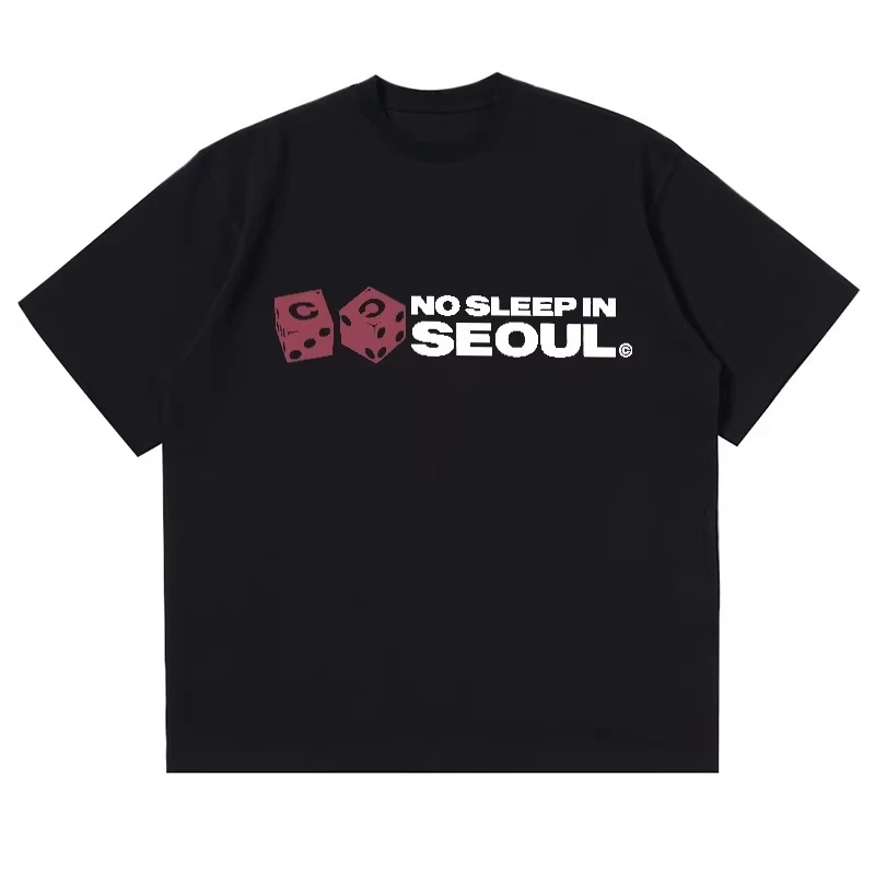 T-Shirt Men Women No Sleep in Seoul Red Dice Graphic Letter Print Vintage Y2K Casual Korean Streetwear Loose Fit Tee Top
