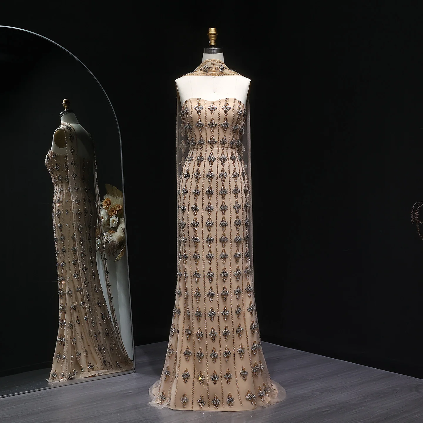 Sharon Said Luxury Dubai Beaded Nude Evening Dress with Scarf Elegant Strapless Arabic Prom Formal Party Gowns SS229 Customized image 3