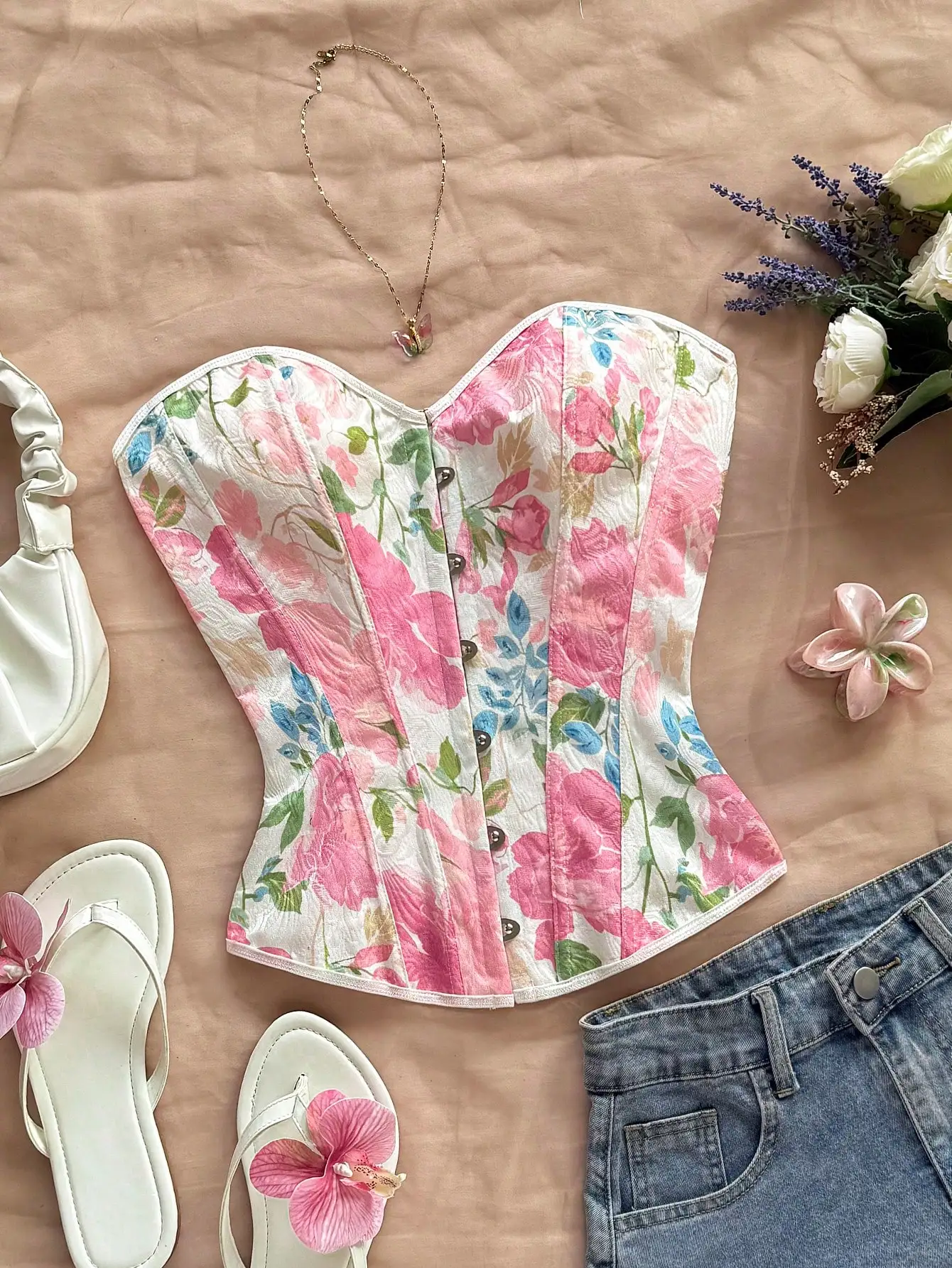 

Женский корсетный топ с цветочным принтом, романтический розовый принт с розами, стиль с открытыми плечами, для повседневной носки или вечеринок