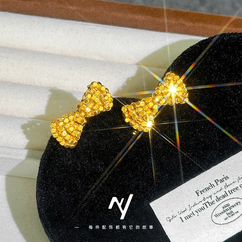 

999 real gold Korean niche design texture beaded bow tie elegant ear studs for girls, sparkling dance beaded braided ear studs