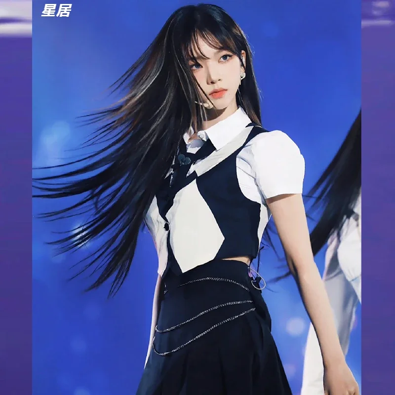 Kpop Concerto di gruppo per donne Costume da ballo jazz sexy Gonna nera Camicie bianche Gilet scozzese Abiti Abbigliamento da prestazione Costume di scena