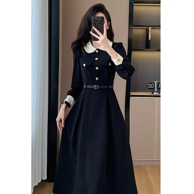 Elegant Black Dresses With Belt Women Retro Doll Collar Long Sleeve A Line Midi Dress Hepburn Patchwork Office Lady Vestido 2024