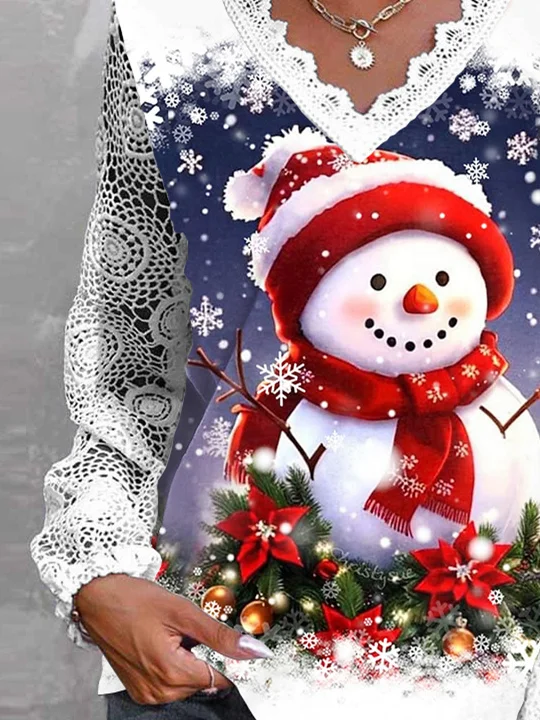 Plus Size Frauen Langarm V-Ausschnitt Schneemann gedruckt Grafik Spitze Weihnachten Tops