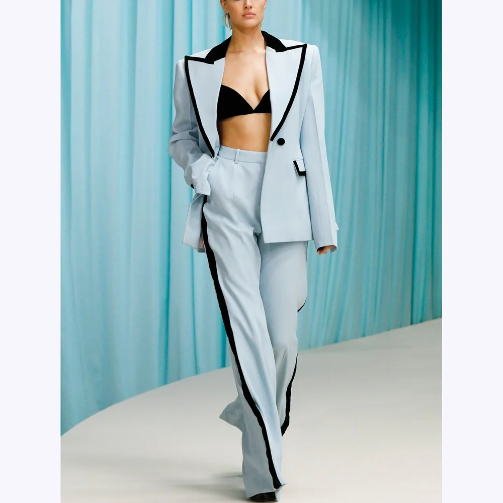 Elegant Women Suits Two Piece Black Border Peak Lapel Classic Outfits One Button Loose Fit High Quality Custom Made Jacket Pants